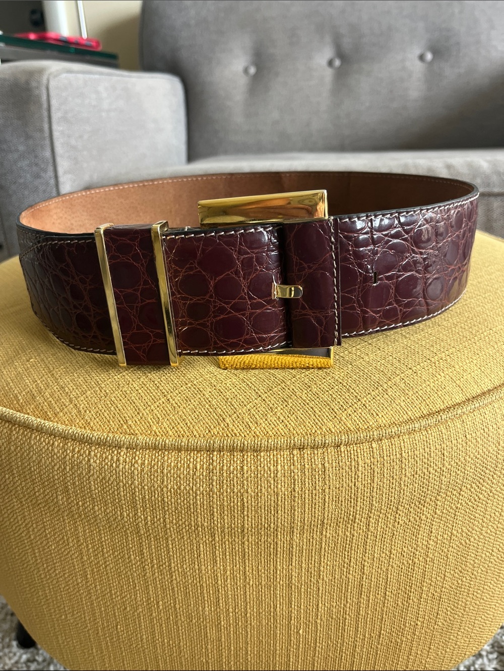 Saks Fifth Avenue Burgundy Croc-Embossed Leather Belt with Gold Plaque